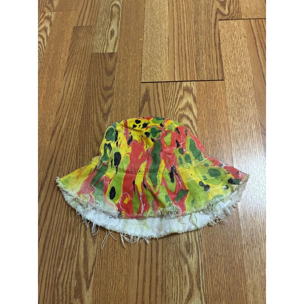 Art to Wear Vibrant Tie Dye Bucket Hat Red Yellow Swirl Frayed Edge Festival